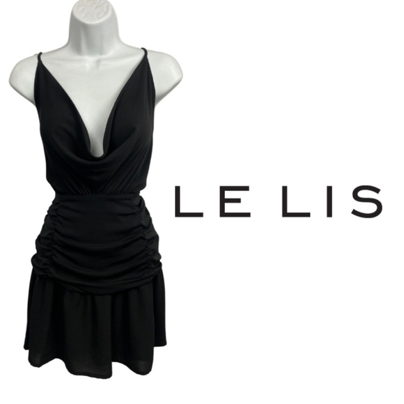 Le Lis Collection Black Draped Cowl Neck Mini Dress with Ruched Waist – Size M - Picture 1 of 4